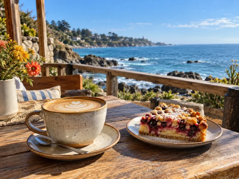 Café y kuchen en terraza frente al mar
