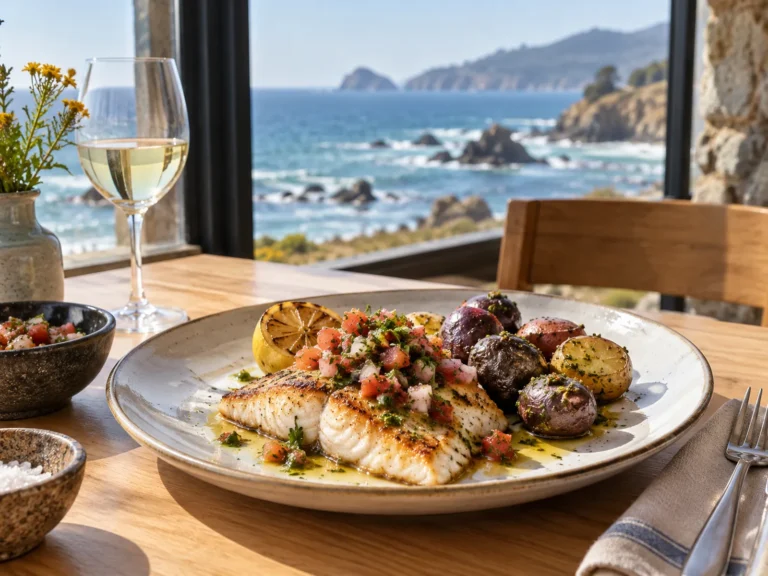 Plato de pescado con vista al Pacífico