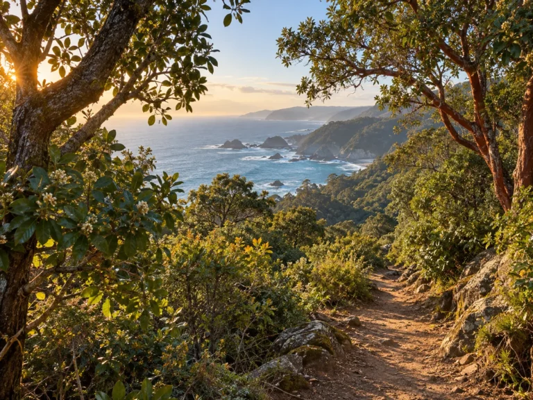 Sendero de bosque nativo con vista al mar